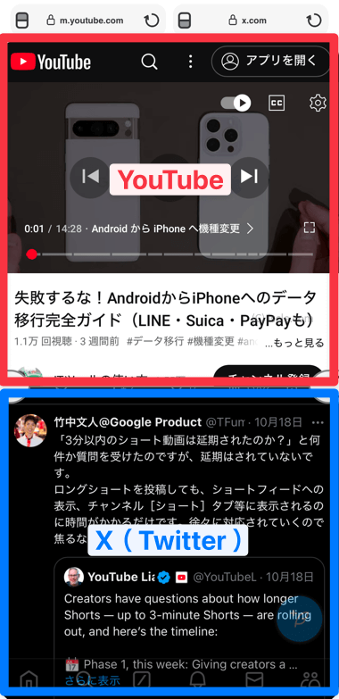 画面分割をして YouTube と Twitter を表示